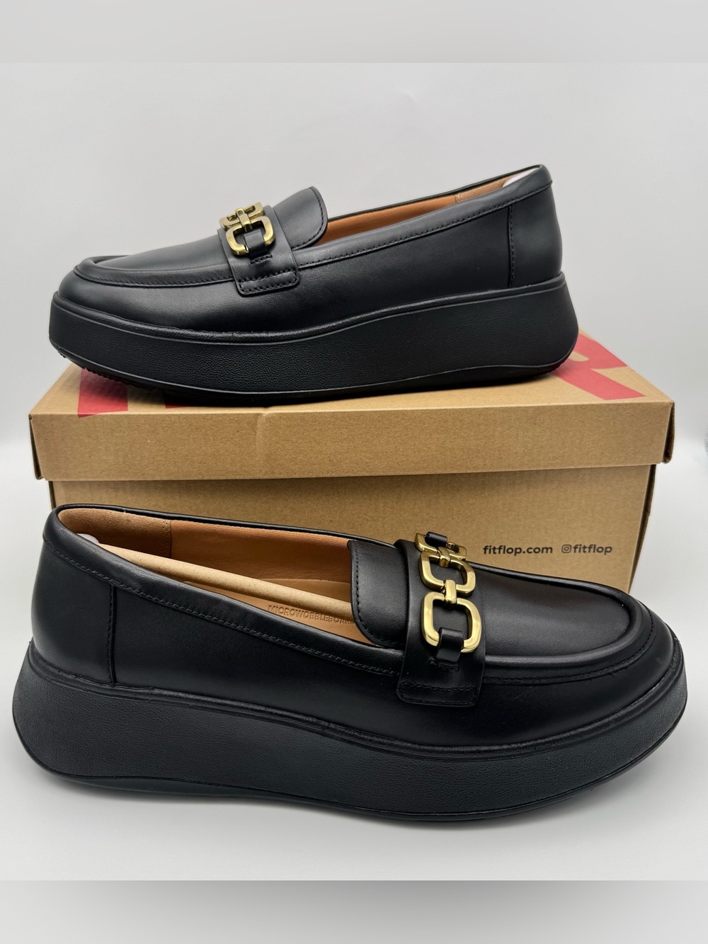 FitFlop F-Mode Square-Chain Women's 8 Black Leather Slip On Loafers New Box